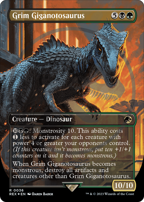 Grim Giganotosaurus (Borderless) (Emblem) (REX-036) - Jurassic World Collection Foil