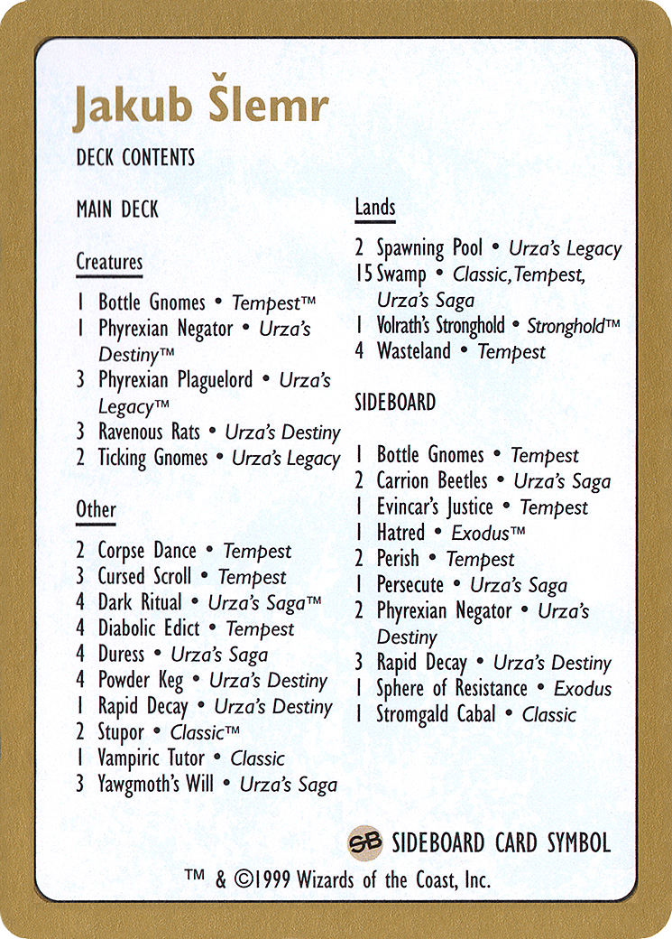1999 Jakub Slemr Decklist Card (WCD-) - World Championship Decks 1999