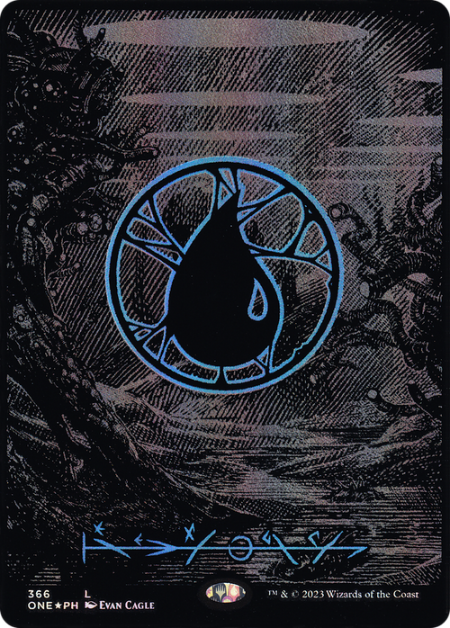 Island (Phyrexian) - Full Art (Oil Slick Raised Foil) (ONE-366) - Phyrexia: All Will Be One (Borderless) Foil