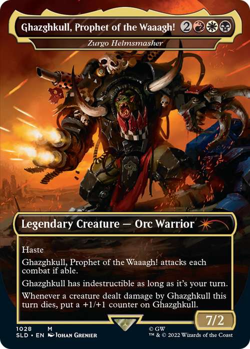 Ghazghkull, Prophet of the Waaagh! - Zurgo Helmsmasher (Borderless) (SLD-1028) - Secret Lair Drop / Ghazghkull, Prophet of the Waaagh! Foil