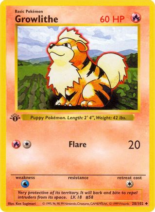 Growlithe 028  - 1st Edition Base Set Shadowless - Uncommon