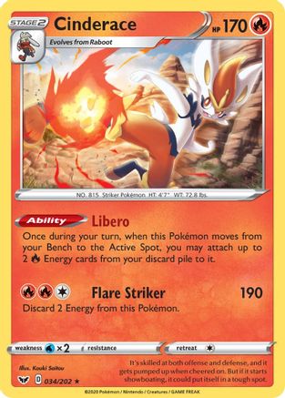 Cinderace (034) (034) 034  - Reverse Holofoil SWSH01 Sword & Shield Base Set - Holo Rare