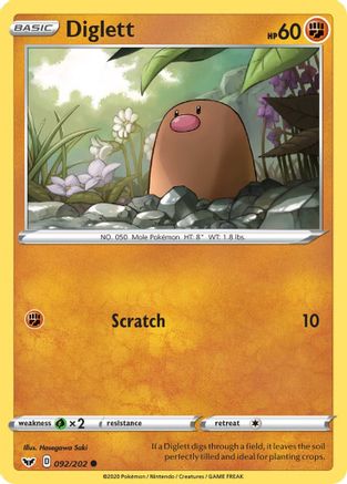 Diglett 092  - Reverse Holofoil SWSH01 Sword & Shield Base Set - Common