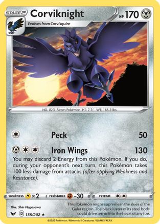 Corviknight 135  - Reverse Holofoil SWSH01 Sword & Shield Base Set - Rare
