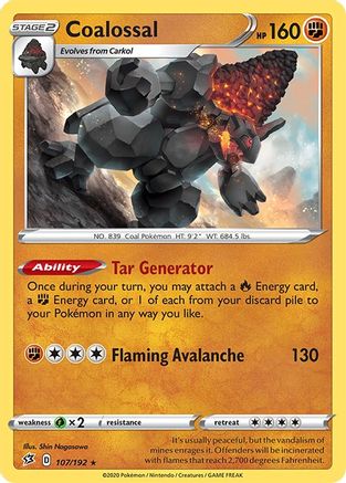 Coalossal 107  - Holofoil SWSH02 Rebel Clash - Holo Rare