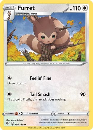 Furret 136  - Reverse Holofoil SWSH03 Darkness Ablaze - Uncommon