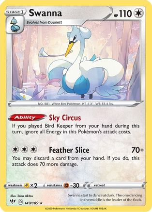 Swanna 149  - Reverse Holofoil SWSH03 Darkness Ablaze - Rare