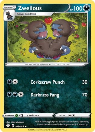 Zweilous 109  - Reverse Holofoil SWSH03 Darkness Ablaze - Uncommon
