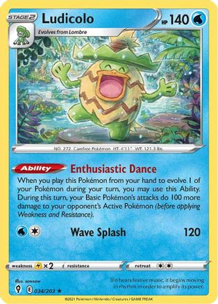 Ludicolo 034  - Holofoil SWSH07 Evolving Skies - Holo Rare