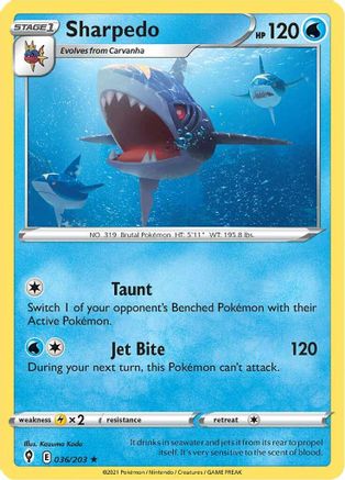 Sharpedo 036  - Reverse Holofoil SWSH07 Evolving Skies - Rare
