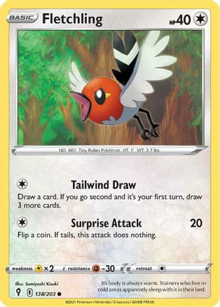 Fletchling 138  - Reverse Holofoil SWSH07 Evolving Skies - Common
