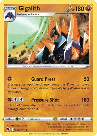 Gigalith 088  - Reverse Holofoil SWSH07 Evolving Skies - Rare