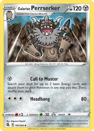 Galarian Perrserker 181  - Reverse Holofoil SWSH08 Fusion Strike - Uncommon