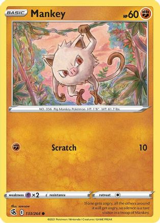 Mankey 133  - Reverse Holofoil SWSH08 Fusion Strike - Common