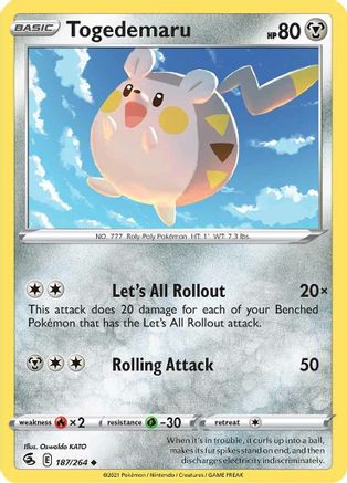 Togedemaru 187  - Reverse Holofoil SWSH08 Fusion Strike - Uncommon