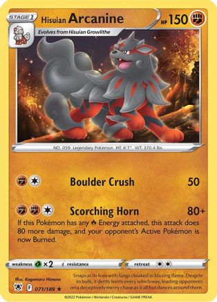 Hisuian Arcanine 071  - Reverse Holofoil SWSH10 Astral Radiance - Rare