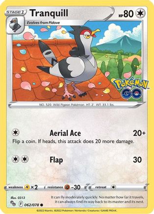 Tranquill 062  - Reverse Holofoil Pokemon GO - Common