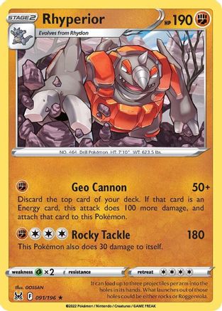 Rhyperior 091  - Reverse Holofoil SWSH11 Lost Origin - Rare