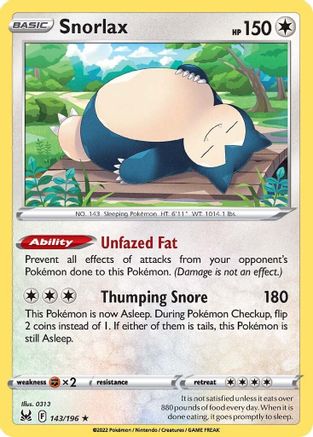 Snorlax 143  - Reverse Holofoil SWSH11 Lost Origin - Holo Rare