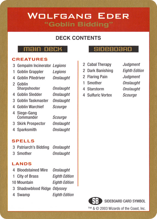 Wolfgang Eder Decklist (WCD-WE0B) - World Championship Decks 2003