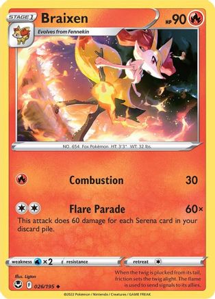 Braixen 026  - Reverse Holofoil SWSH12 Silver Tempest - Uncommon