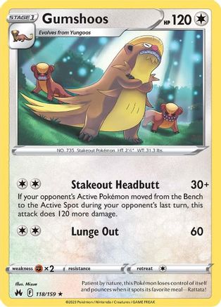 Gumshoos 118  - Reverse Holofoil SWSH Crown Zenith - Rare
