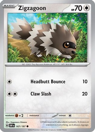 Zigzagoon 167  - Reverse Holofoil SV03 Obsidian Flames - Common