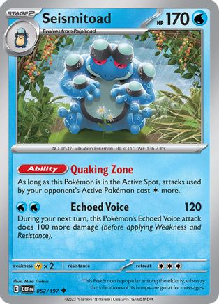 Seismitoad 052  - Reverse Holofoil SV03 Obsidian Flames - Uncommon