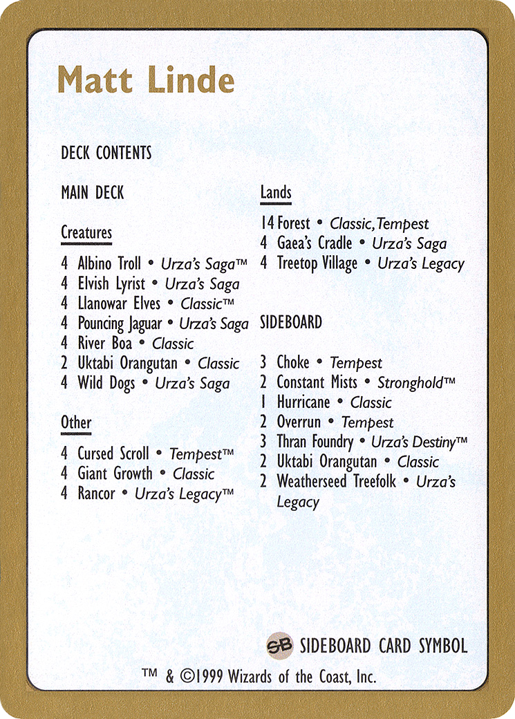 1999 Matt Linde Decklist Card (WCD-) - World Championship Decks 1999