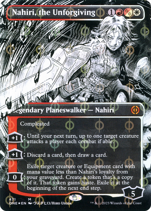 Nahiri, the Unforgiving (Borderless) (Step-and-Compleat Foil) (ONE-471) - Phyrexia: All Will Be One: (Showcase) Foil