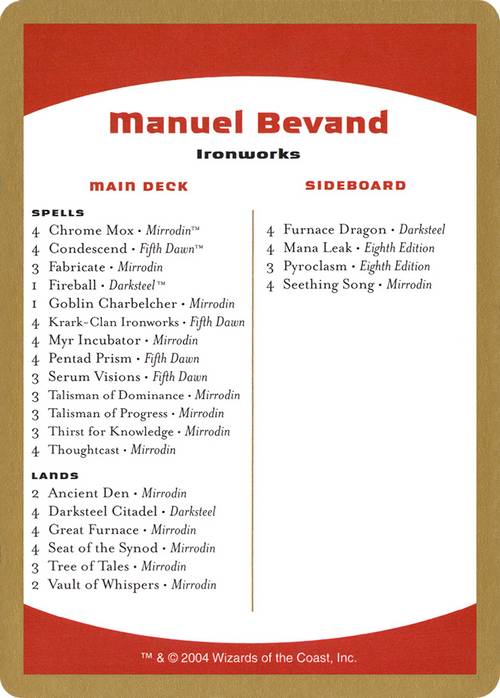 Manuel Bevand Decklist (WCD-MB0B) - World Championship Decks 2004