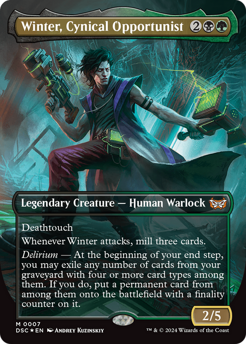 Winter, Cynical Opportunist (Borderless) (DSC-007) - Duskmourn: House of Horror Commander Foil