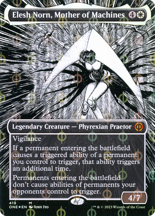 Elesh Norn, Mother of Machines (Borderless) (Step-and-Compleat Foil) (ONE-419) - Phyrexia: All Will Be One: (Showcase) Foil