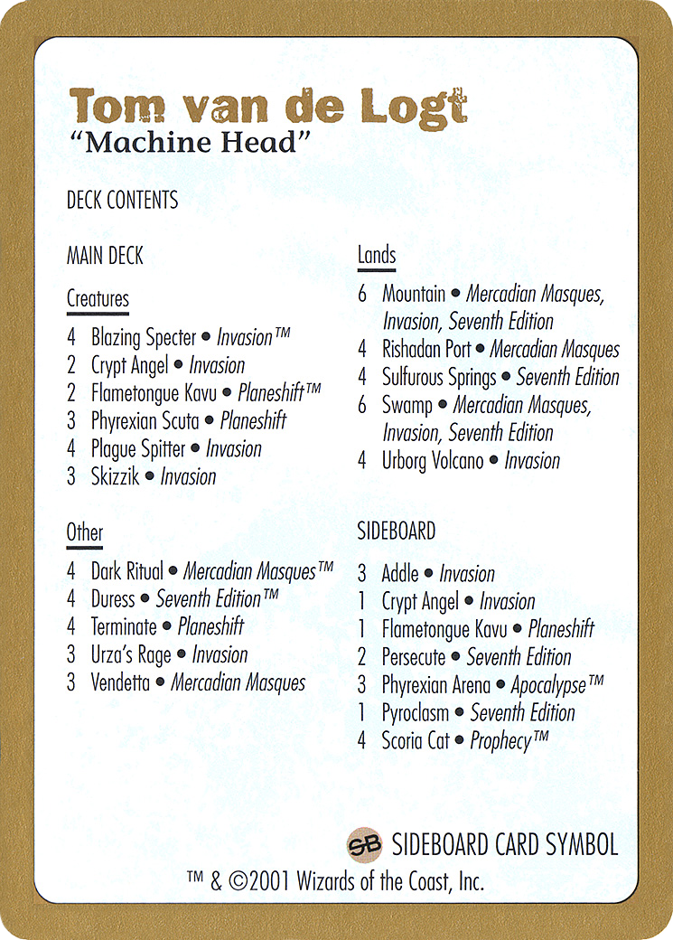 2001 Tom van de Logt Decklist Card (WCD-) - World Championship Decks 2001