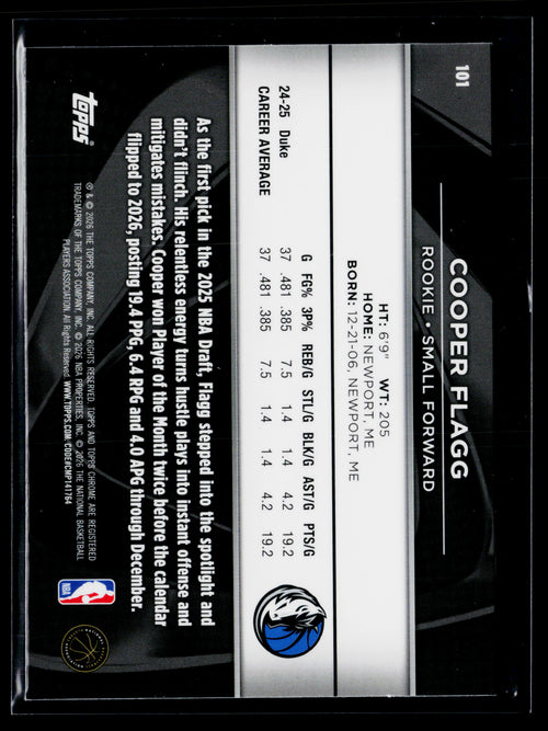 2025-26 Topps Chrome Black Basketball - Cooper Flagg #101