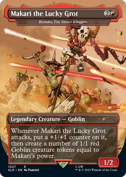 Makari the Lucky Grot - Krenko, Tin Street Kingpin (Borderless) (SLD-1027) - Secret Lair Drop / Makari the Lucky Grot