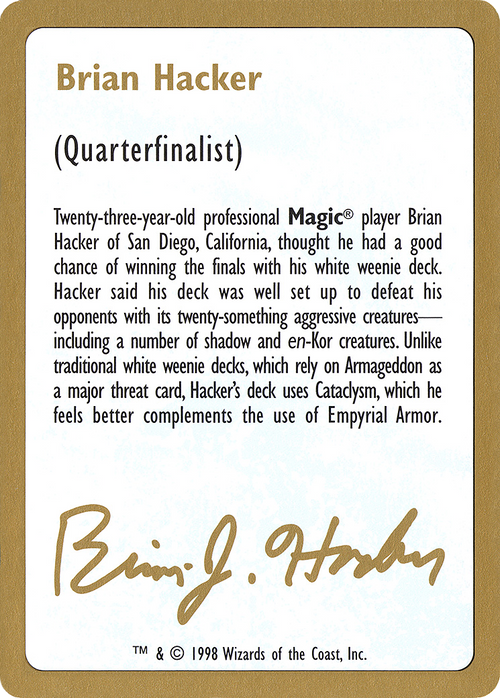 1998 Brian Hacker Biography Card (WCD-) - World Championship Decks 1998