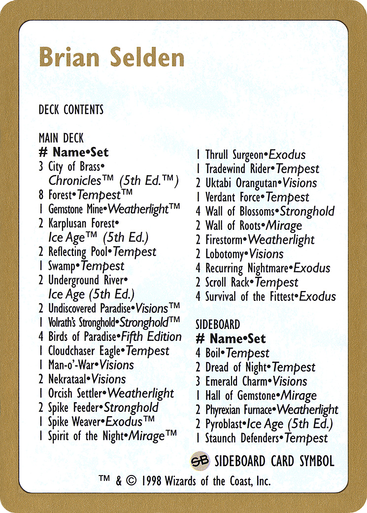 1998 Brian Selden Decklist Card (WCD-) - World Championship Decks 1998