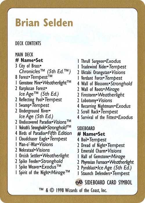 1998 Brian Selden Decklist Card (WCD-) - World Championship Decks 1998