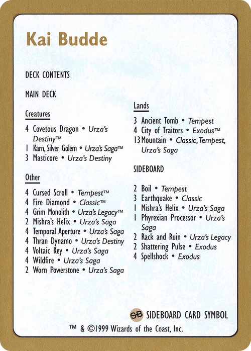 1999 Kai Budde Decklist Card (WCD-) - World Championship Decks 1999