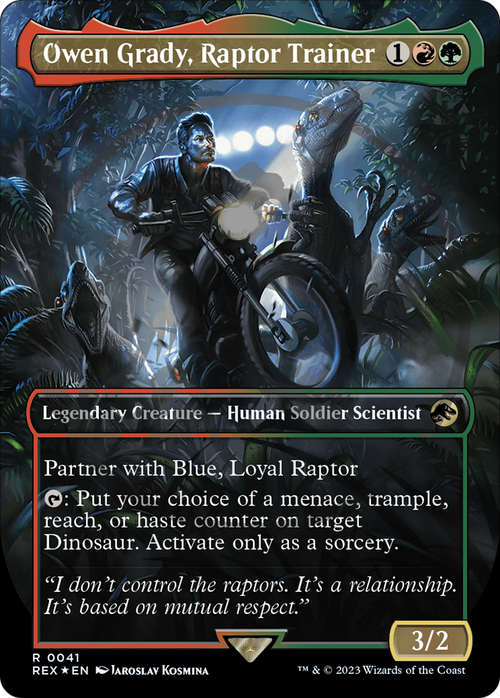 Owen Grady, Raptor Trainer (Borderless) (Emblem) (REX-041) - Jurassic World Collection Foil