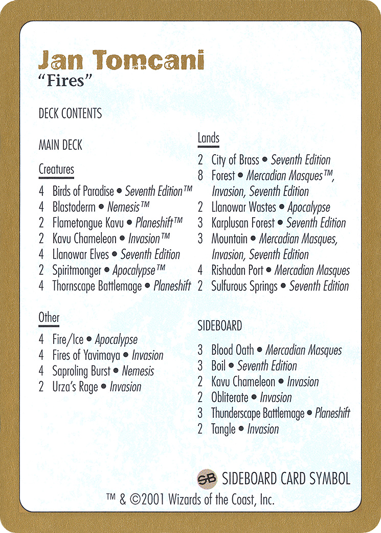 2001 Jan Tomcani Decklist Card (WCD-) - World Championship Decks 2001