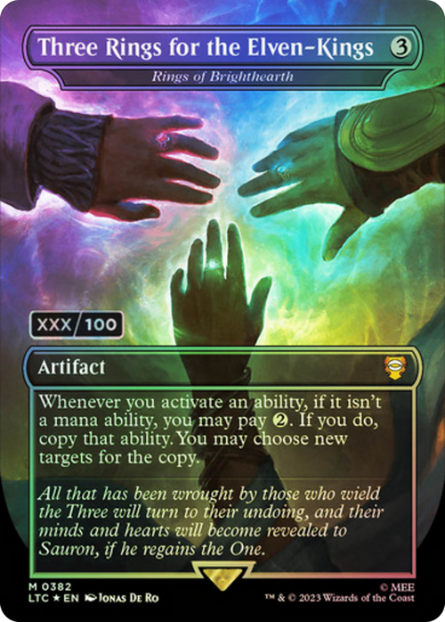 Three Rings for the Elven-Kings - Rings of Brighthearth (Serial Numbered) (LTC-382) - Tales of Middle-earth Commander / Three Rings for the Elven-Kings (Borderless) Foil