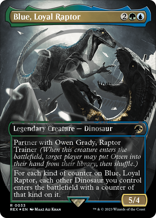 Blue, Loyal Raptor (Borderless) (Emblem) (REX-033) - Jurassic World Collection Foil