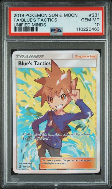 2019 Pokemon Sun & Moon Unified Minds #231 Blue's Tactics Full Art PSA 10